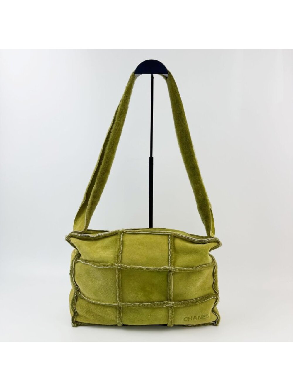 Chanel Patchwork Logo Shoulder Bag Shearling Suede Green Silver Seal Vintage